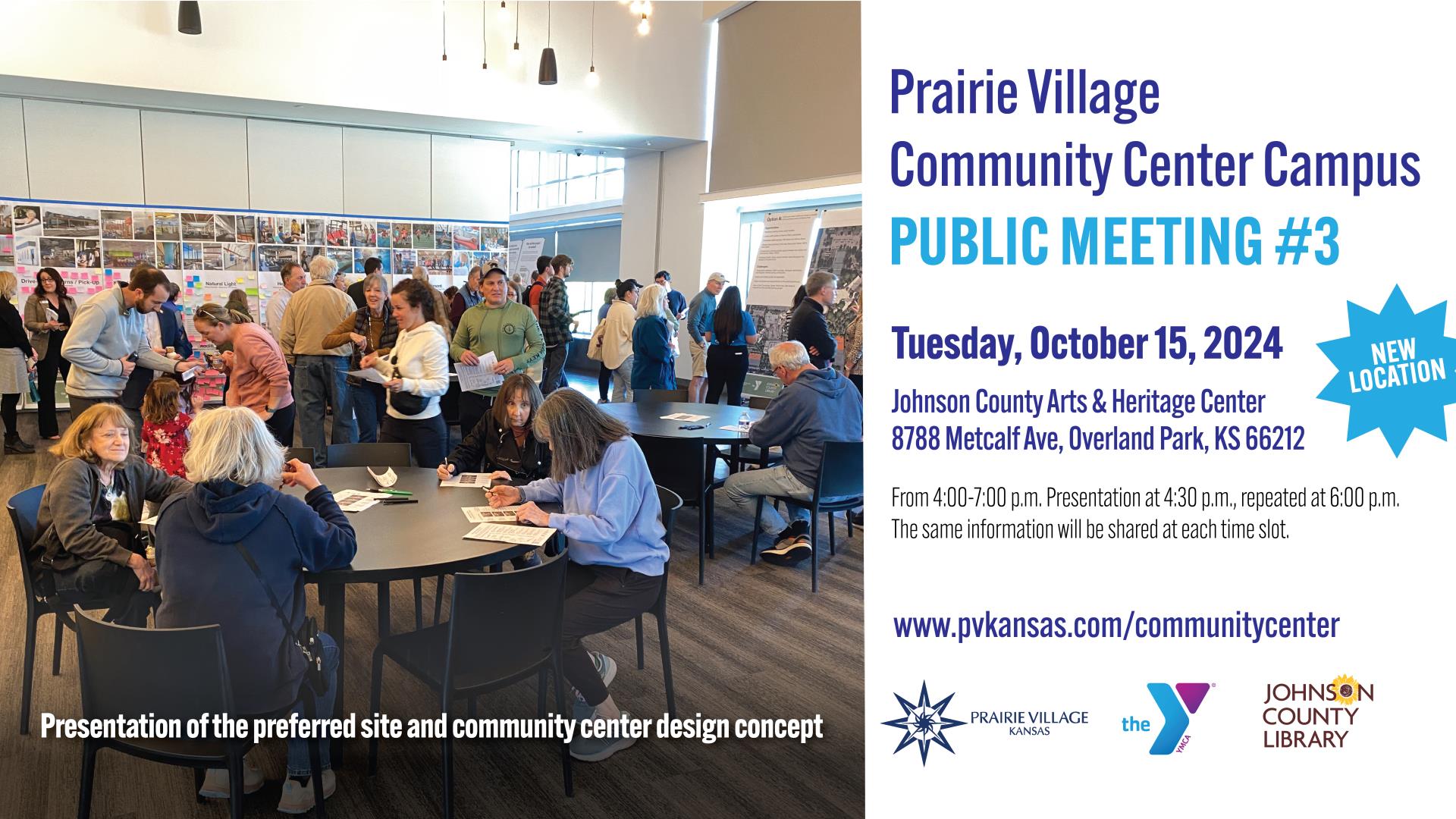 Image shows people attending a public meeting and words advertise a meeting on October 15 from 4 to 7 p.m. at the Johnson County Arts and Heritage Center